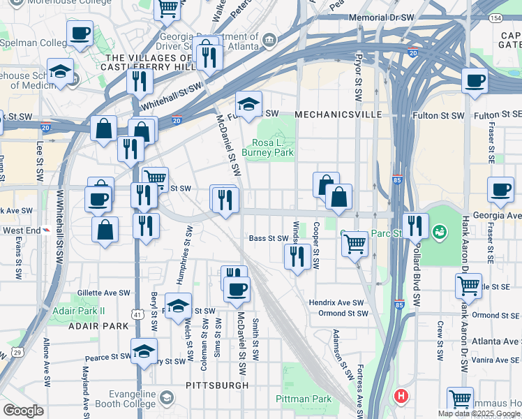 map of restaurants, bars, coffee shops, grocery stores, and more near 676 Smith Street Southwest in Atlanta