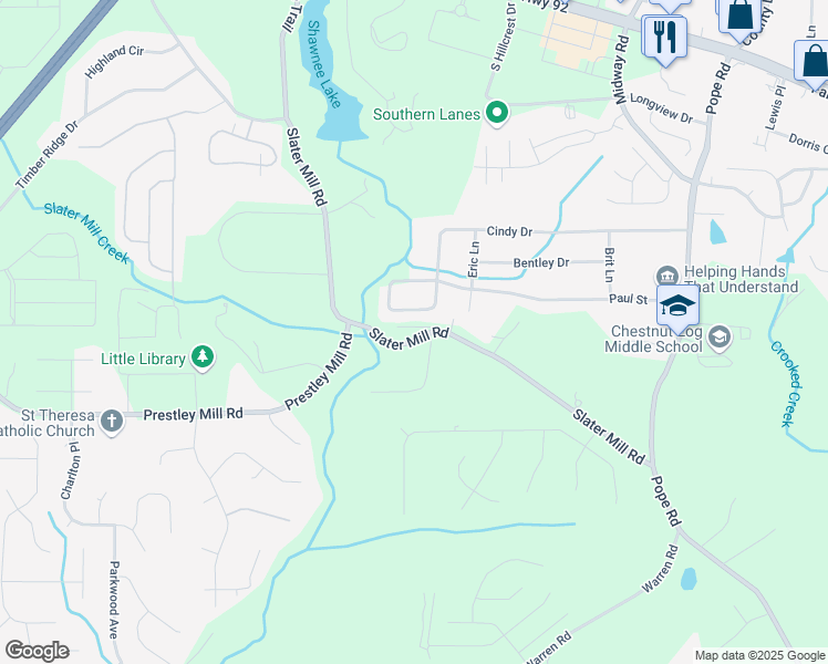 map of restaurants, bars, coffee shops, grocery stores, and more near 2529 Slater Mill Road in Douglasville