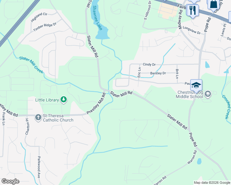map of restaurants, bars, coffee shops, grocery stores, and more near 2509 Slater Mill Road in Douglasville