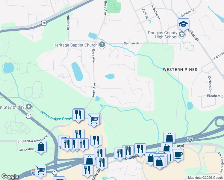 map of restaurants, bars, coffee shops, grocery stores, and more near 9006 Green Valley Court in Douglasville