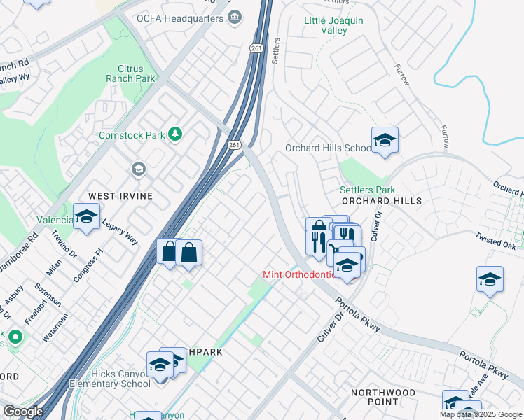 map of restaurants, bars, coffee shops, grocery stores, and more near 225 Lockford in Irvine