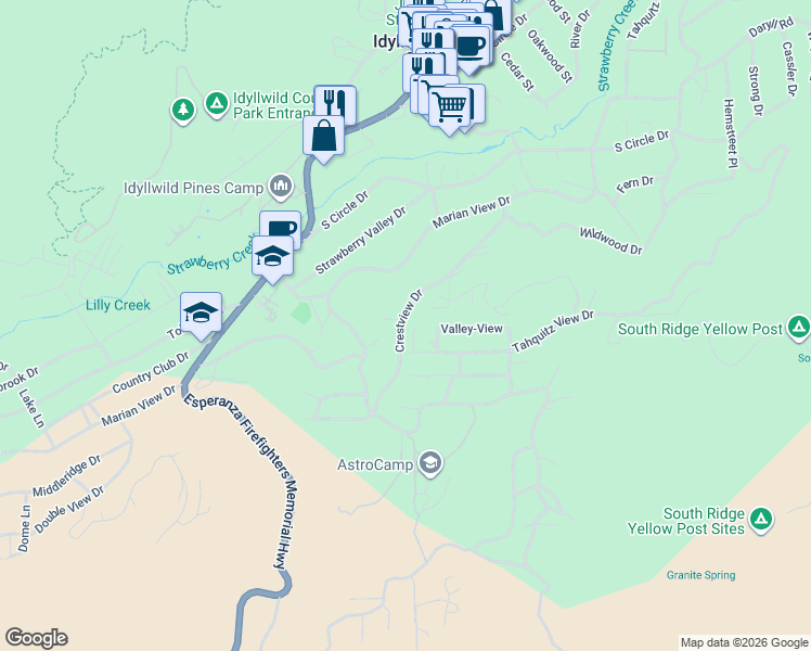 map of restaurants, bars, coffee shops, grocery stores, and more near 26530 Crestview Drive in Idyllwild-Pine Cove