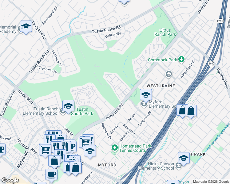 map of restaurants, bars, coffee shops, grocery stores, and more near 2941 Hogan Place in Tustin