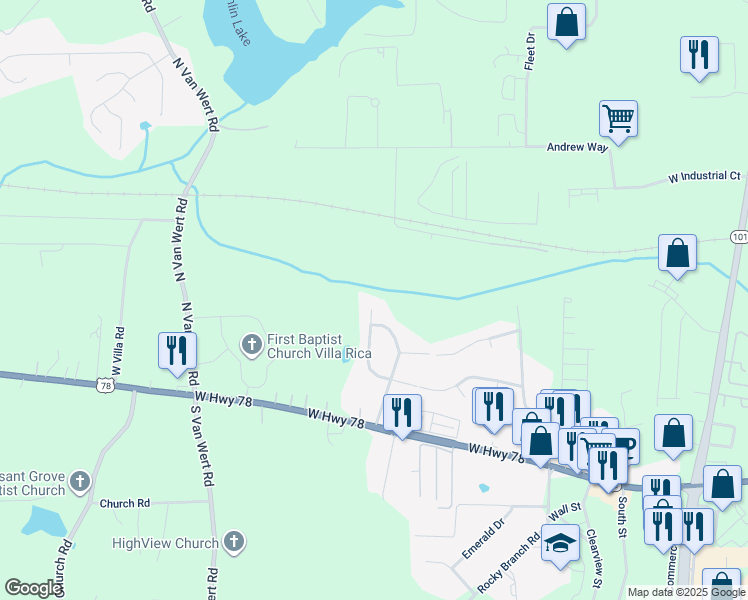 map of restaurants, bars, coffee shops, grocery stores, and more near 177 Melleray Court in Villa Rica