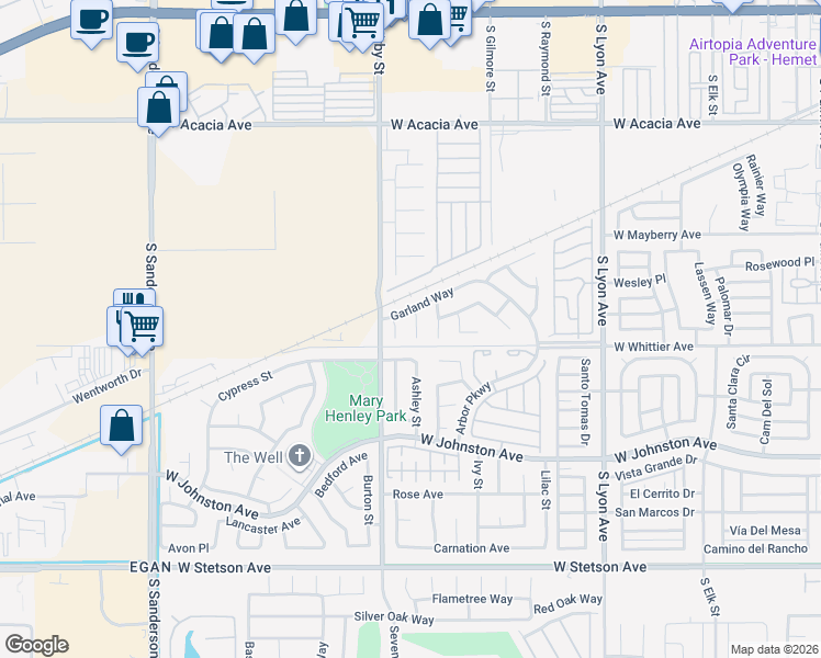 map of restaurants, bars, coffee shops, grocery stores, and more near 681 Goldenrod Street in Hemet