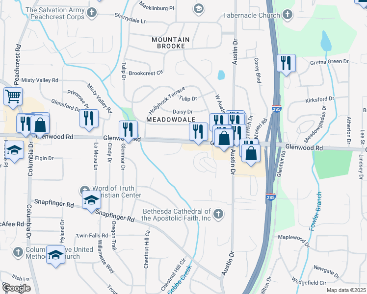 map of restaurants, bars, coffee shops, grocery stores, and more near 4371 Glenwood Road in Decatur