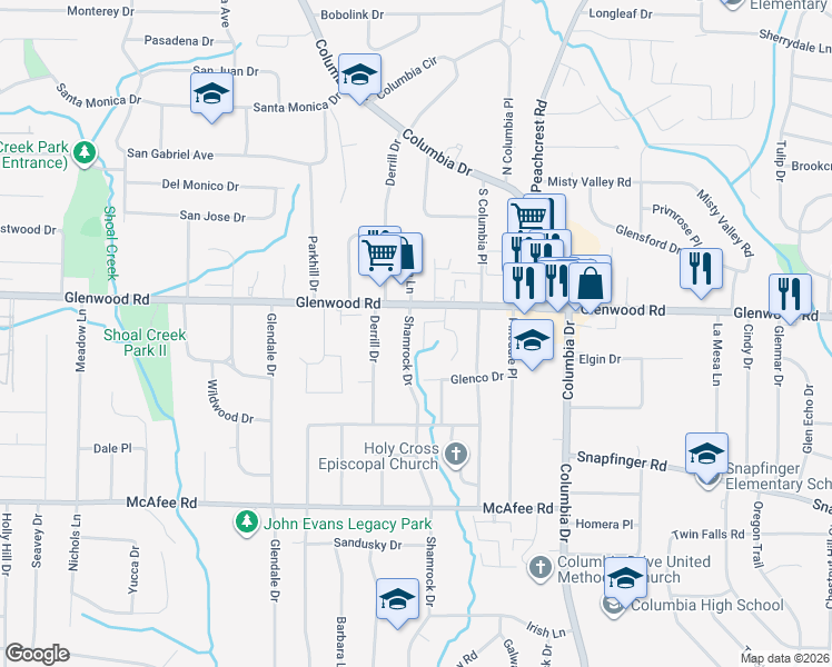 map of restaurants, bars, coffee shops, grocery stores, and more near 1868 Shamrock Drive in Decatur