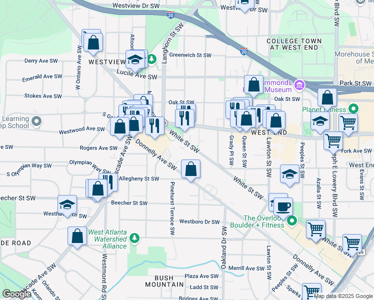 map of restaurants, bars, coffee shops, grocery stores, and more near 1345 Donnelly Avenue Southwest in Atlanta