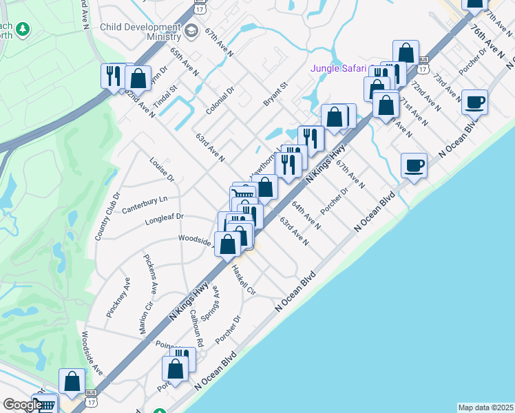 map of restaurants, bars, coffee shops, grocery stores, and more near 505 63rd Avenue North in Myrtle Beach