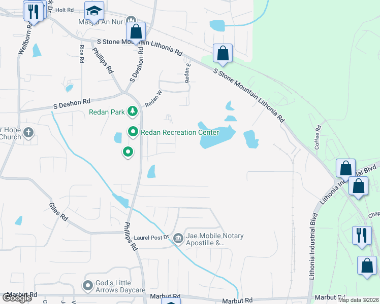 map of restaurants, bars, coffee shops, grocery stores, and more near 1780 Phillips Road in Lithonia