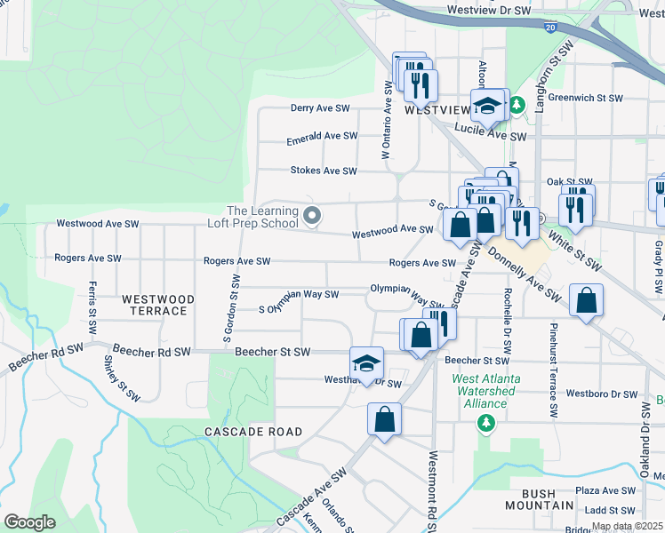 map of restaurants, bars, coffee shops, grocery stores, and more near 1670 Rogers Avenue Southwest in Atlanta