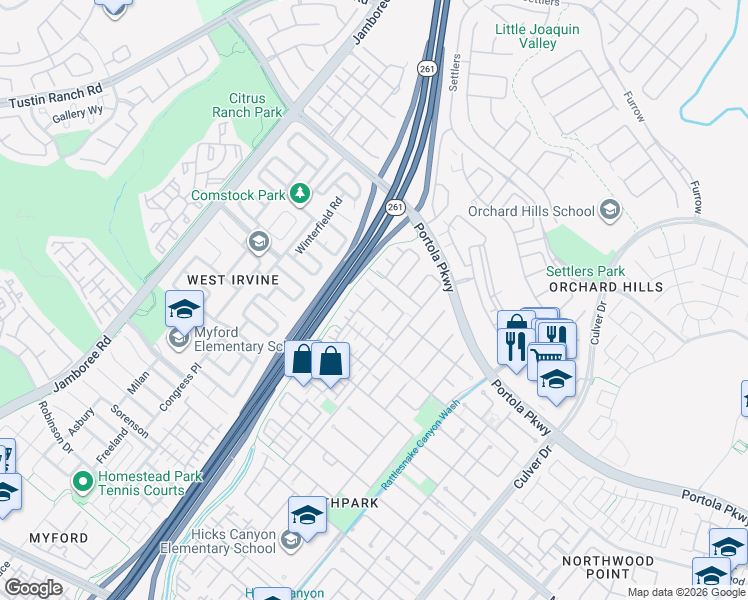 map of restaurants, bars, coffee shops, grocery stores, and more near 122 Talmadge in Irvine