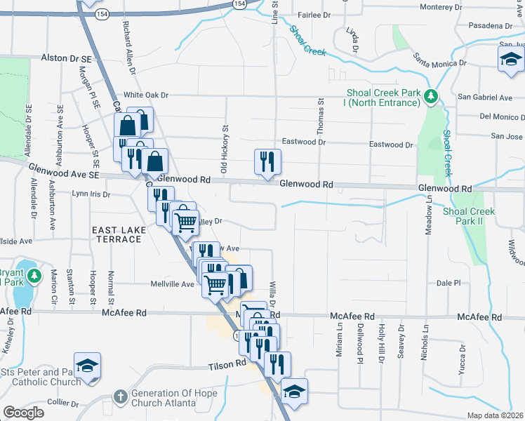 map of restaurants, bars, coffee shops, grocery stores, and more near 2678 Glenvalley Drive in Decatur