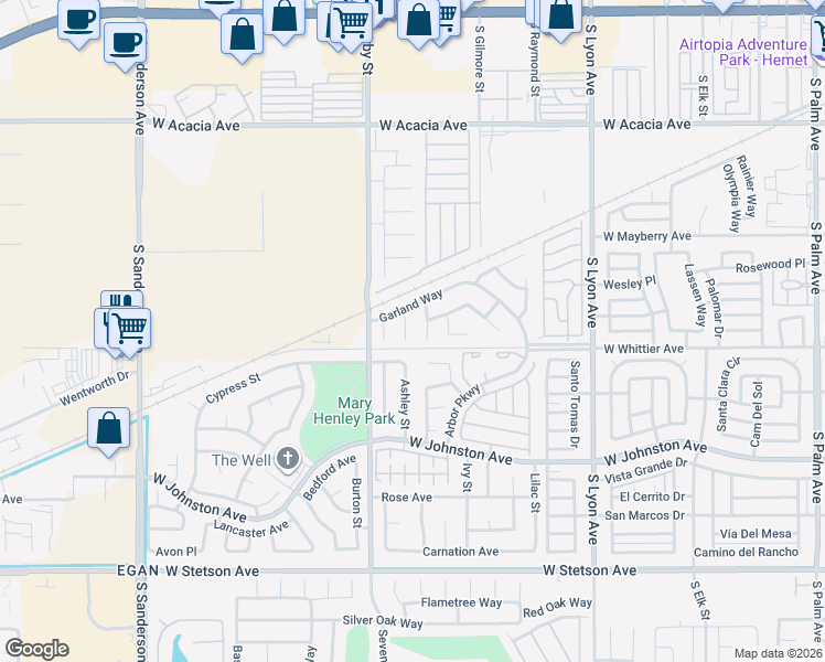 map of restaurants, bars, coffee shops, grocery stores, and more near 680 Goldenrod Street in Hemet