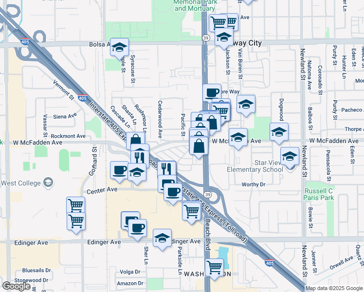 map of restaurants, bars, coffee shops, grocery stores, and more near 15621 Beach Boulevard in Westminster