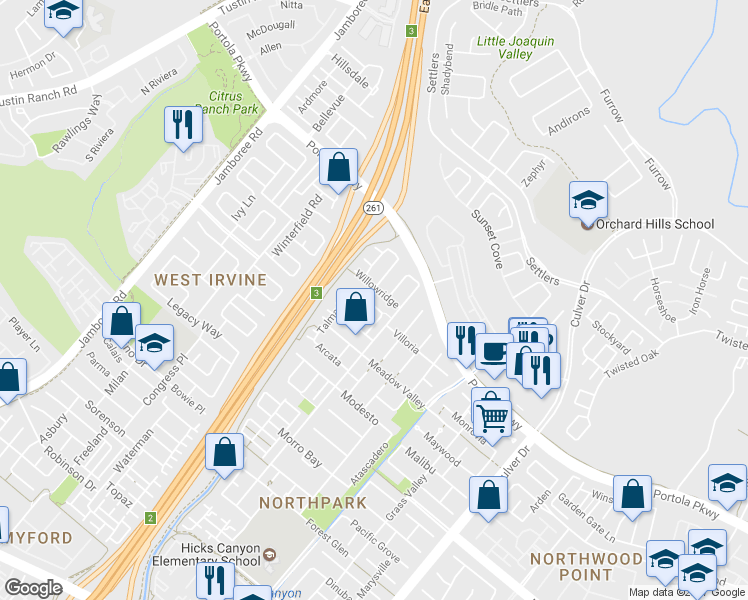 map of restaurants, bars, coffee shops, grocery stores, and more near 191 Lockford in Irvine