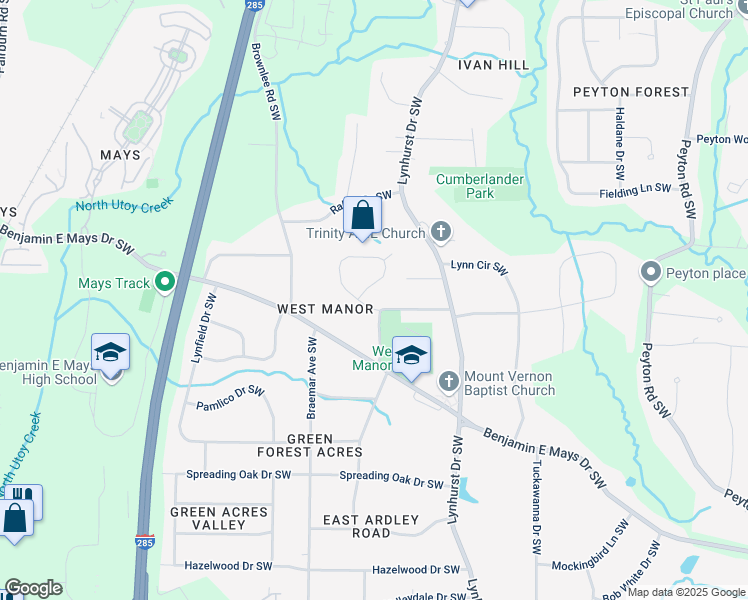 map of restaurants, bars, coffee shops, grocery stores, and more near 3219 West Manor Lane Southwest in Atlanta