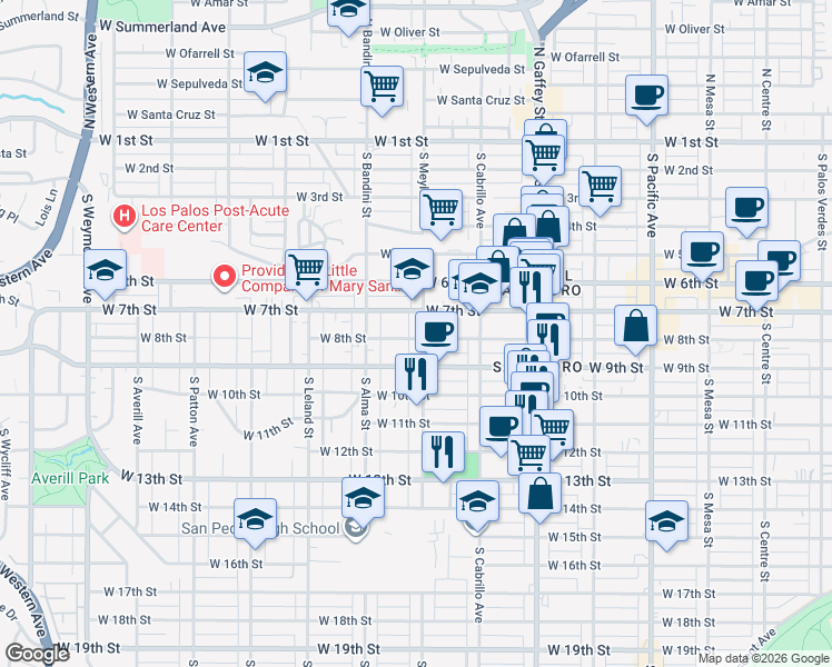 map of restaurants, bars, coffee shops, grocery stores, and more near 927 West 8th Street in Los Angeles