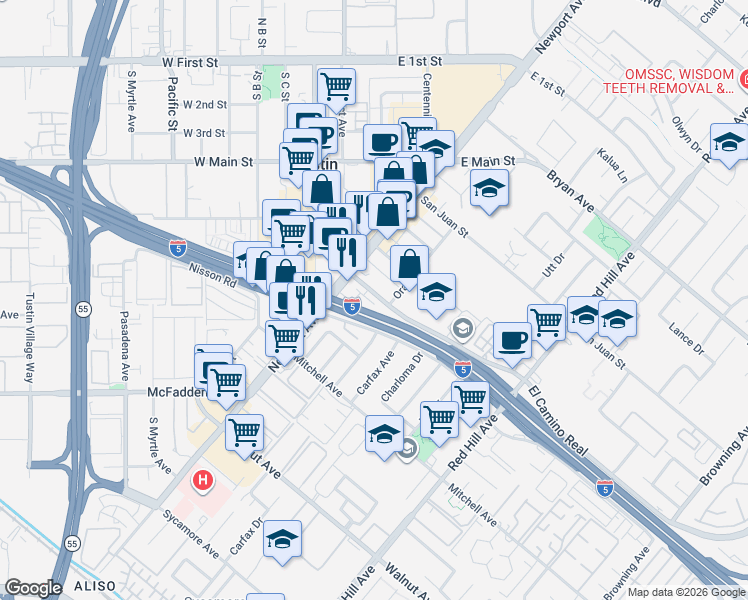 map of restaurants, bars, coffee shops, grocery stores, and more near 153 Balsawood in Tustin