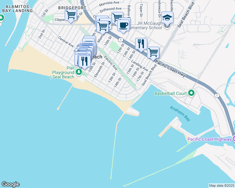 map of restaurants, bars, coffee shops, grocery stores, and more near 1430 Ocean Avenue in Seal Beach