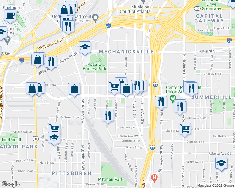 map of restaurants, bars, coffee shops, grocery stores, and more near 279 Ralph David Abernathy Boulevard Southwest in Atlanta