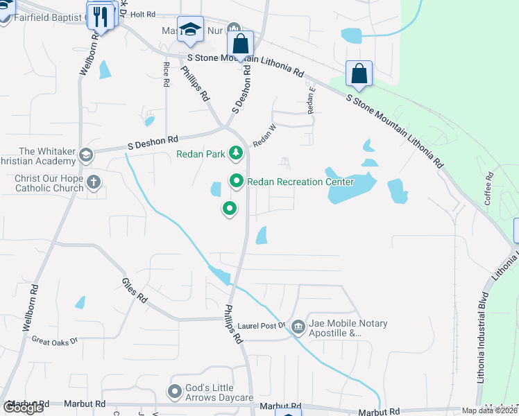 map of restaurants, bars, coffee shops, grocery stores, and more near 1850 Phillips Road in Lithonia