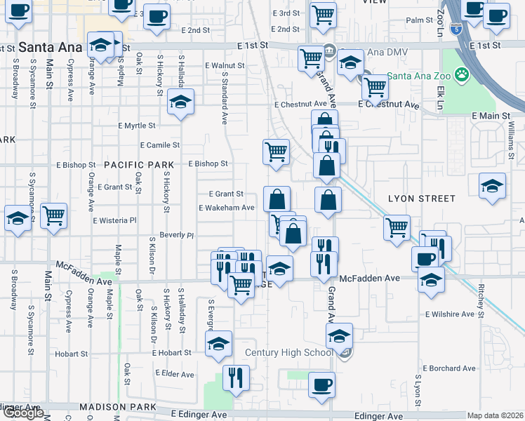 map of restaurants, bars, coffee shops, grocery stores, and more near 825 South Minnie Street in Santa Ana