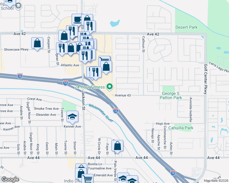 map of restaurants, bars, coffee shops, grocery stores, and more near 42939 Cowboy Court in Indio
