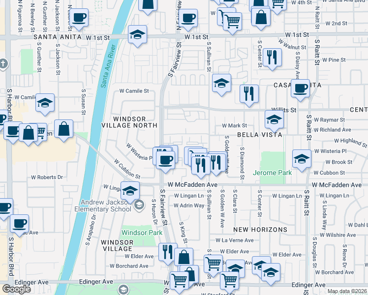 map of restaurants, bars, coffee shops, grocery stores, and more near 801 South Fairview Street in Santa Ana