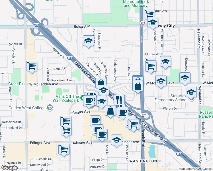 map of restaurants, bars, coffee shops, grocery stores, and more near 7736 Sugar drive in Huntington Beach