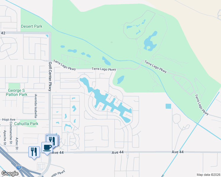 map of restaurants, bars, coffee shops, grocery stores, and more near 42942 Del Lago Court in Indio