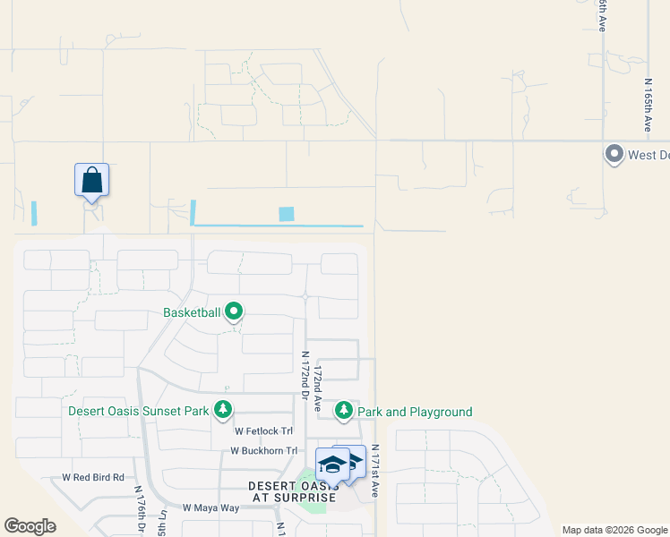 map of restaurants, bars, coffee shops, grocery stores, and more near 17150 West Red Fox Road in Surprise