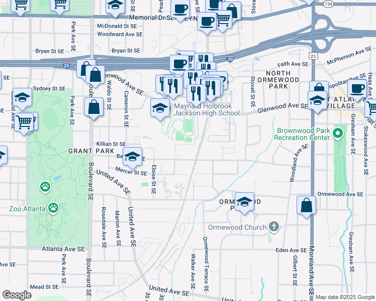 map of restaurants, bars, coffee shops, grocery stores, and more near 837 Berne Street Southeast in Atlanta