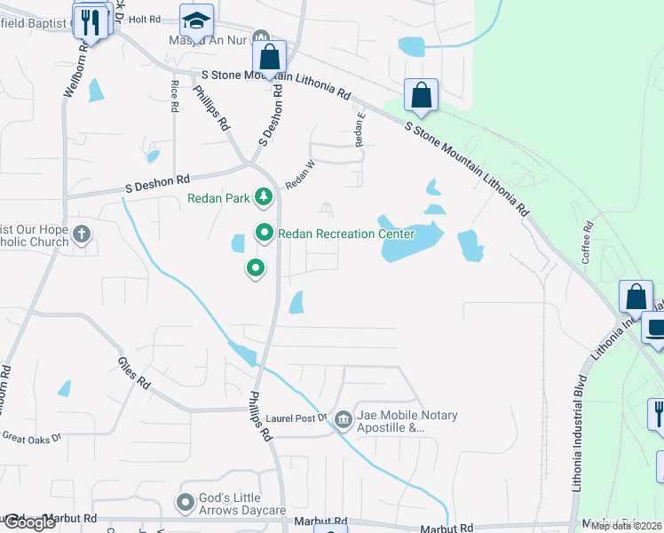 map of restaurants, bars, coffee shops, grocery stores, and more near 1780 Phillips Road in Lithonia