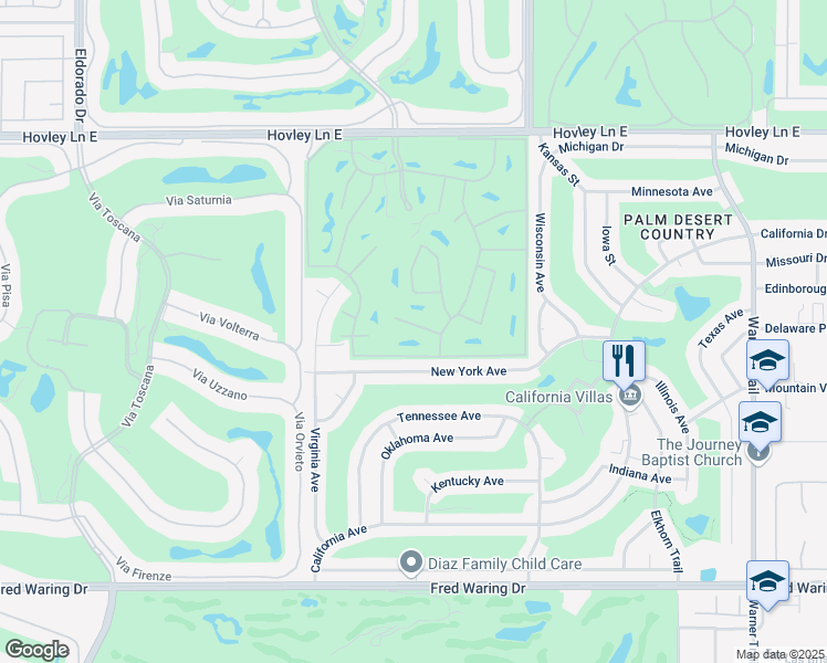 map of restaurants, bars, coffee shops, grocery stores, and more near 76753 Minaret Way in Palm Desert