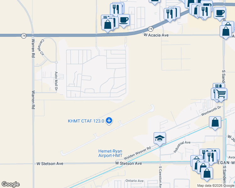 map of restaurants, bars, coffee shops, grocery stores, and more near 5001 West Florida Avenue in Hemet