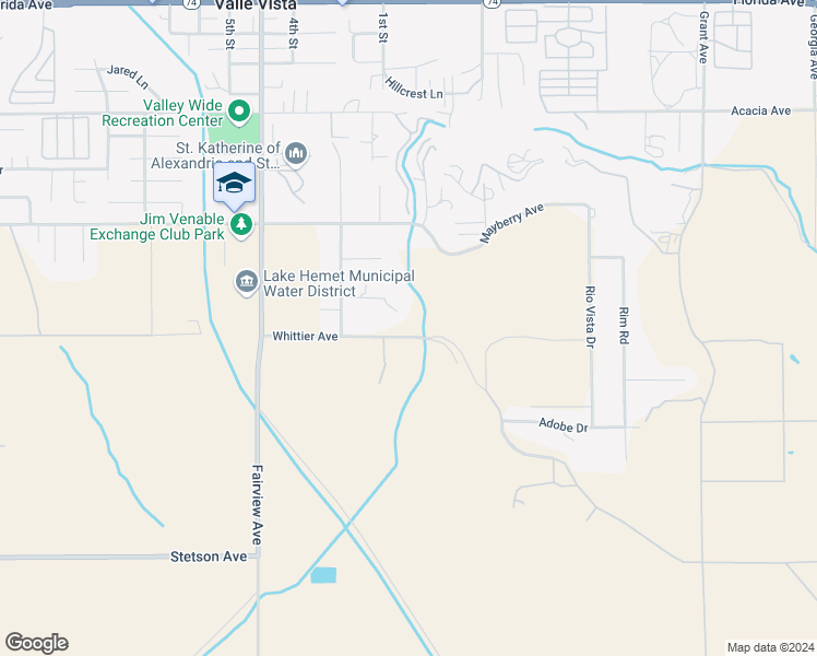 map of restaurants, bars, coffee shops, grocery stores, and more near 44318 Whittier Avenue in Hemet