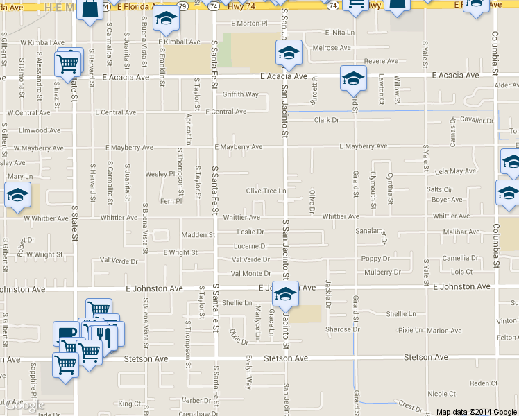 map of restaurants, bars, coffee shops, grocery stores, and more near 1201 East Whittier Avenue in Hemet