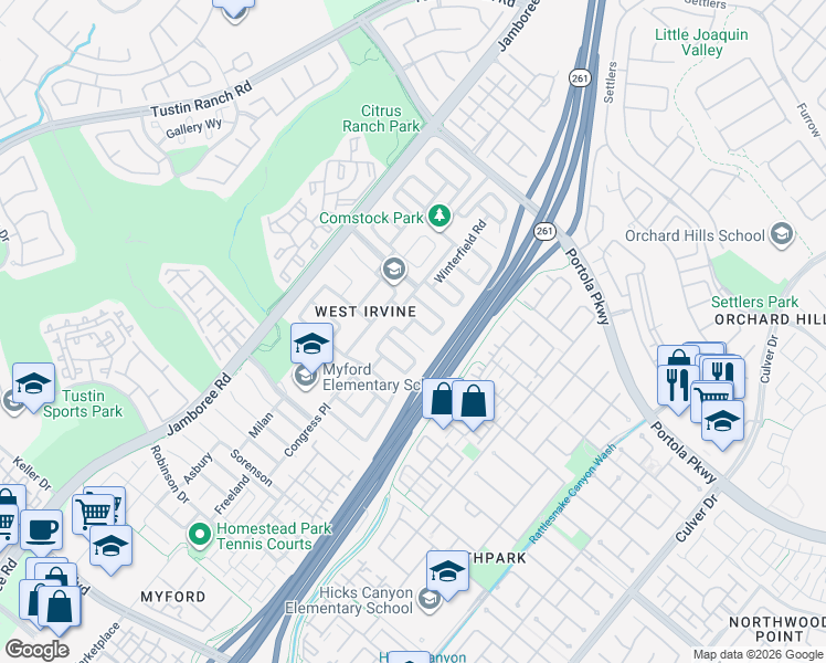 map of restaurants, bars, coffee shops, grocery stores, and more near 37 Arnold Way in Irvine