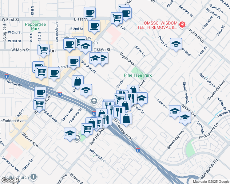 map of restaurants, bars, coffee shops, grocery stores, and more near 1394 San Juan Street in Tustin