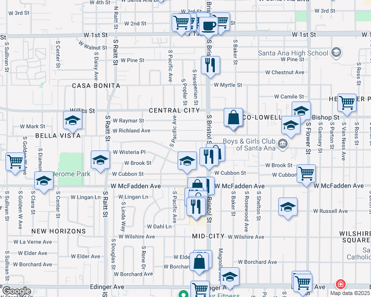 map of restaurants, bars, coffee shops, grocery stores, and more near 814 South Hesperian Street in Santa Ana