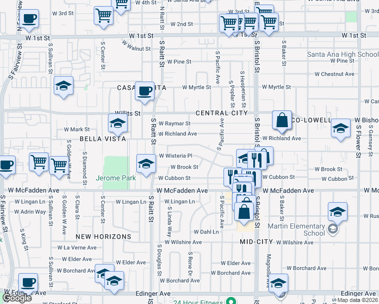 map of restaurants, bars, coffee shops, grocery stores, and more near 1645 West Brook Street in Santa Ana