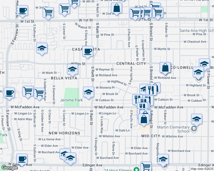map of restaurants, bars, coffee shops, grocery stores, and more near 1645 West Brook Street in Santa Ana