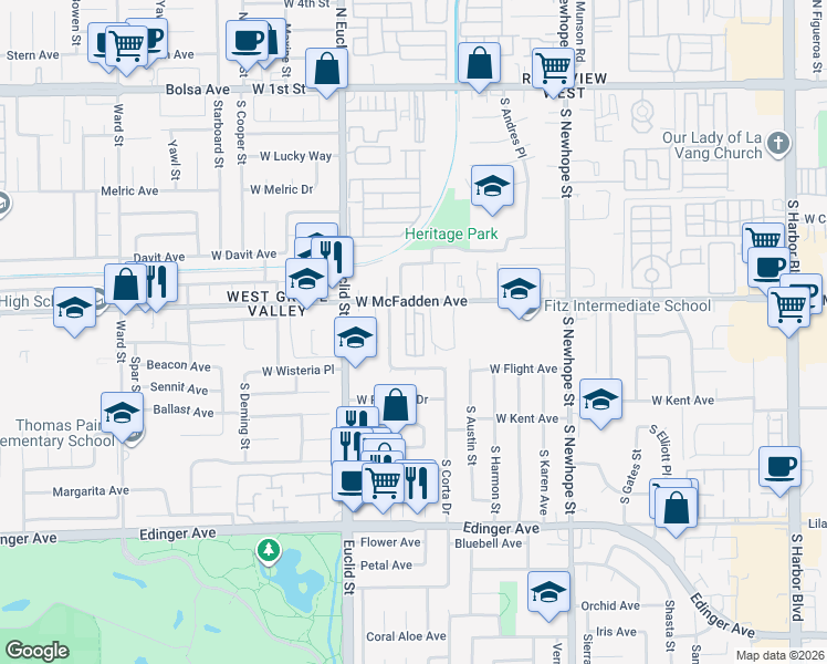 map of restaurants, bars, coffee shops, grocery stores, and more near 4921 West Flight Avenue in Santa Ana