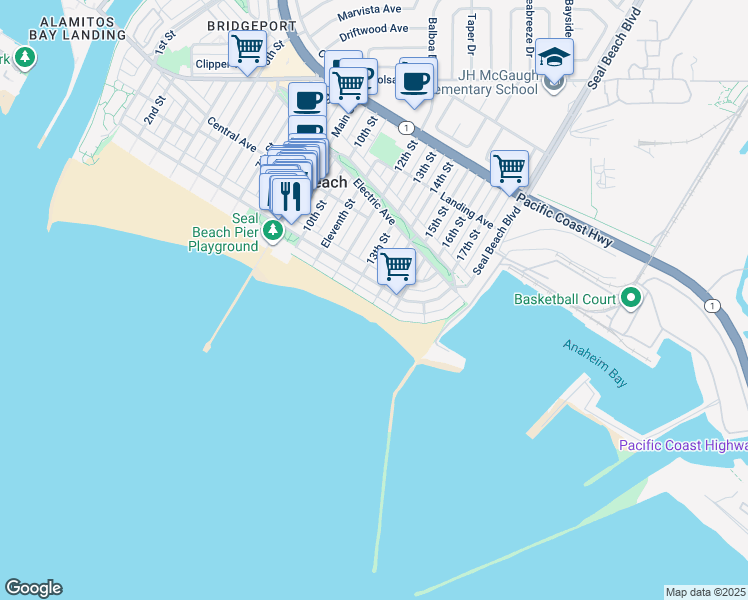 map of restaurants, bars, coffee shops, grocery stores, and more near 1319 East Seal Way in Seal Beach