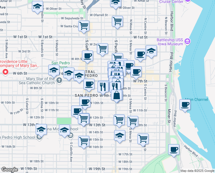 map of restaurants, bars, coffee shops, grocery stores, and more near 525 West 8th Street in Los Angeles