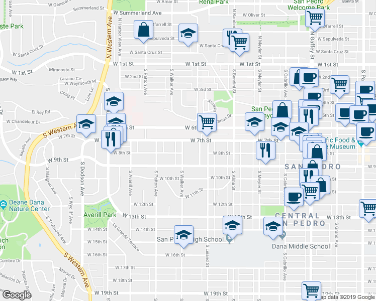 map of restaurants, bars, coffee shops, grocery stores, and more near 829 South Walker Avenue in Los Angeles