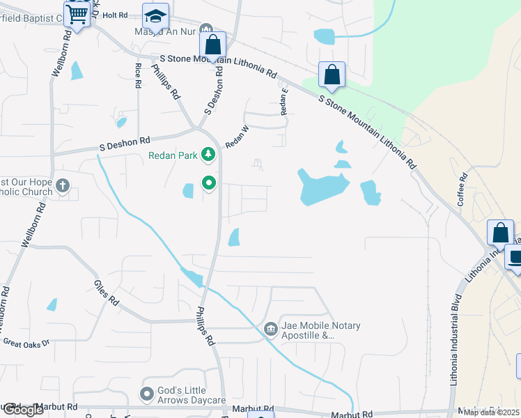 map of restaurants, bars, coffee shops, grocery stores, and more near 6366 Princeton Ridge Drive in Lithonia