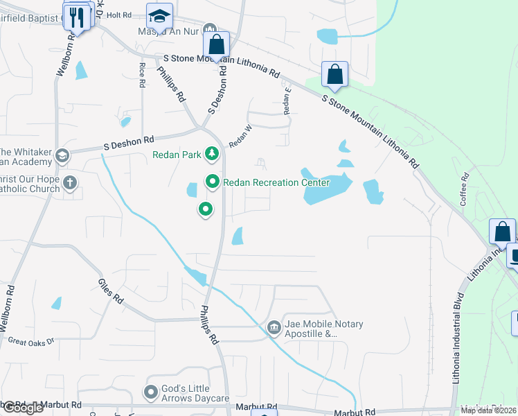 map of restaurants, bars, coffee shops, grocery stores, and more near 1850 Phillips Road in Lithonia