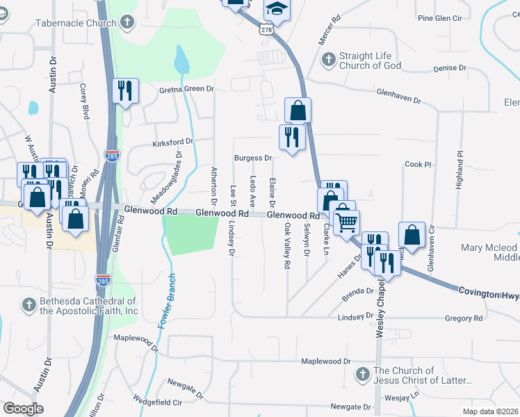 map of restaurants, bars, coffee shops, grocery stores, and more near 4779 Glenwood Road in Decatur